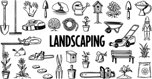 Hand-drawn Doodle Style Collection of Landscaping and Gardening Tools, Equipment, Plants, and Garden Elements. Black and White Outline Icons for Outdoor Design.