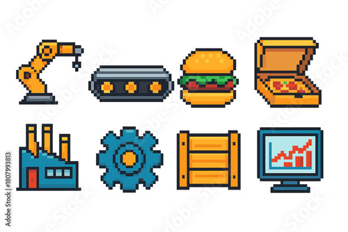 Industrial, manufacturing pixel icon set. Retro, factory equipment flat icons.