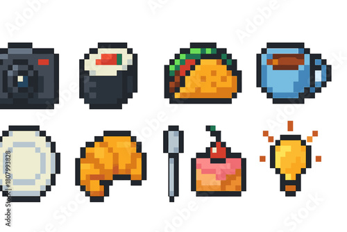 Pixel art food and camera icon set. Retro, nostalgic, 8-bit icons pixel collection