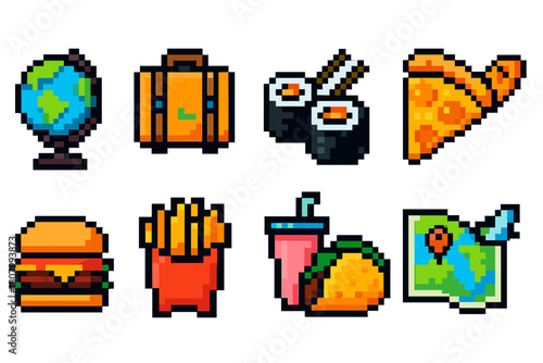 Pixel art food and travel icon set. Globe, suitcase, pizza icons in flat style.