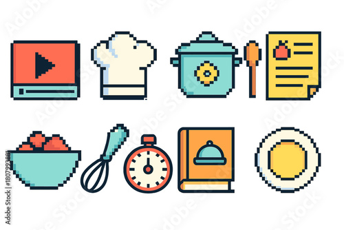 Pixel art cooking icon set. Recipe, kitchen tools, food preparation in pixel style