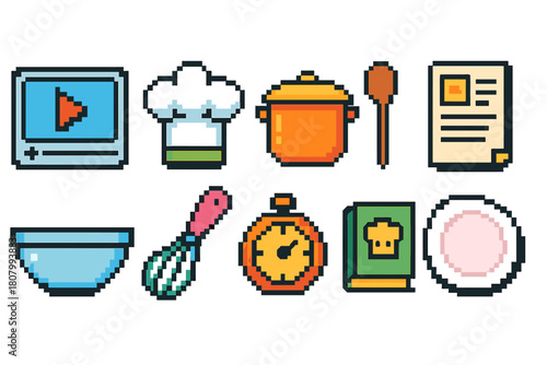 Cooking and kitchen pixel icon set in vibrant flat style for culinary projects