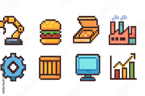 Industrial, food, finance pixel icon set. Vibrant filled icons for business usage