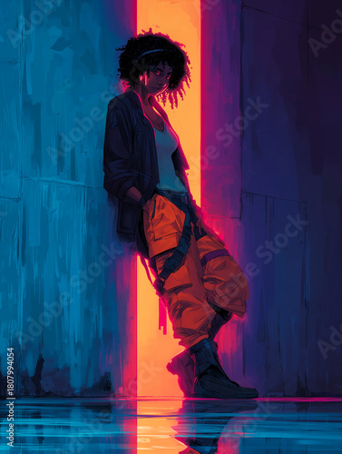 Stylish woman under vibrant neon glow in urban scene