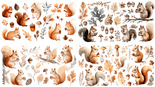 Cute watercolor squirrel illustration set with acorns leaves mushrooms and forest elements. Warm autumn themed woodland animals perfect for seasonal design and nature projects.