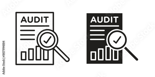 Audit icon with thin line and flat web symbol on white background