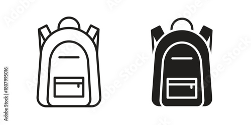 Backpack icon with thin line and flat web symbol on white background