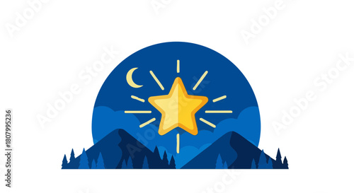 Star shining brightly in night sky over mountains and trees - Concept of Epiphany  