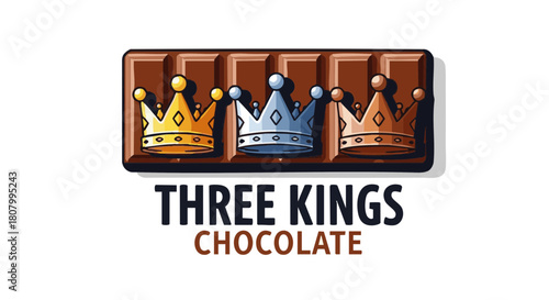 Three Kings chocolate bar with crowns in bright colors on white background  
