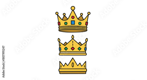 Three golden crowns with jewels in a decorative style  