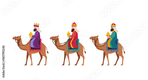 Three wise men riding camels on a journey representing Epiphany  