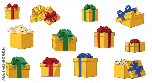 Colorful gift boxes with ribbons in various sizes and styles representing Epiphany  
