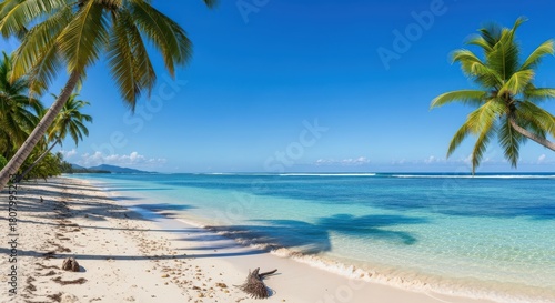 Fototapeta Naklejka Na Ścianę i Meble -  Escape to paradise with this breathtaking tropical beach scene featuring turquoise water and swaying palm trees on a sunny day ideal for vacation promos