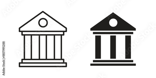 Bank icon with thin line and flat web symbol on white background