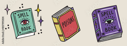 Magic books set, two spellbooks and book of poisons, boho mystical witchy hand drawn style