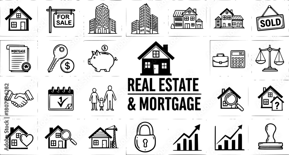 Naklejka premium Hand-drawn Black White Real Estate and Mortgage Icons Set with Houses, Finance, and Family Symbols