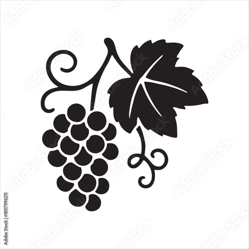 Elegant grape cluster and leaf silhouette design perfect for wine labels and vineyard branding isolated on white background for graphic design projects