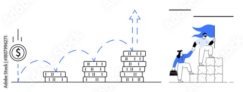 Coin bouncing across stack of coins, indicating profit growth. Teamwork as a person assists another climbing stacked blocks. Ideal for finance, success, leadership, teamwork, growth, goal-setting