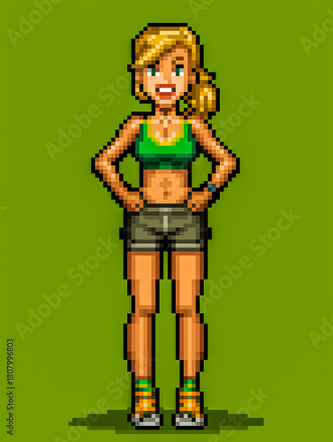 Energetic Pixel Art Woman Smiling Ready for Fitness