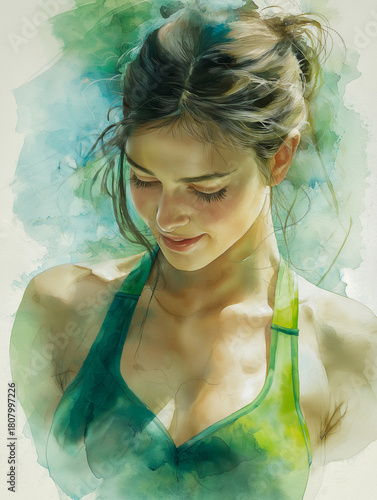 Serene Woman Portrait in Green Watercolor Art