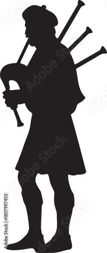 Silhouette of a Scottish Bagpiper in Traditional Dress Playing Bagpipes Against a White Background Design Element