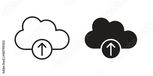 Cloud upload icon with thin line and flat web symbol on white background