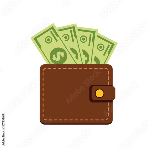 Brown Leather Money Wallet with Cash Vector Illustration