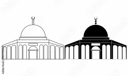 set of Dome of the Rock icon in outline and silhouette,for religious, historic,design.