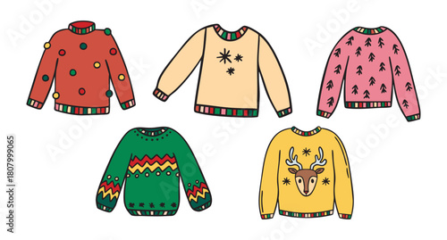 Christmas sweaters clipart set with reindeer, baubles, trees and snowflakes, cozy winter collection, hand drawn.