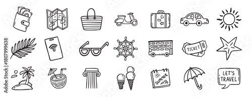 travel doodle hand drawn icon set. Outline drawing travel tourism line clipart symbols