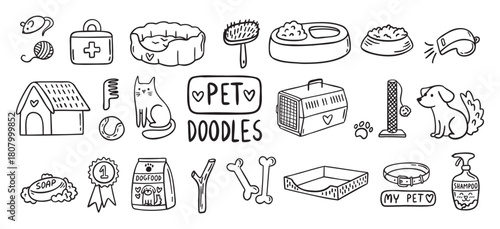 Pet Cat and Dog doodle hand drawn set elements. Pet stuff drawing isolated icons