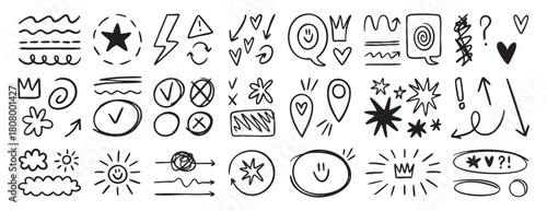 Swishes, sweeps, swoops doodle set, hand drawn highlight elements, calligraphy swirl retro flower heart, star crown for text emphasis