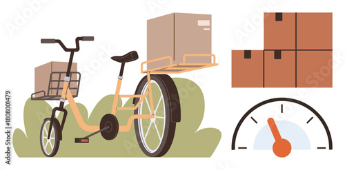 Cargo bike carrying boxes with speedometer and stacked package illustration. Ideal for delivery, eco-transport, logistics, courier services, package shipping, efficiency, urban transport. Simple flat