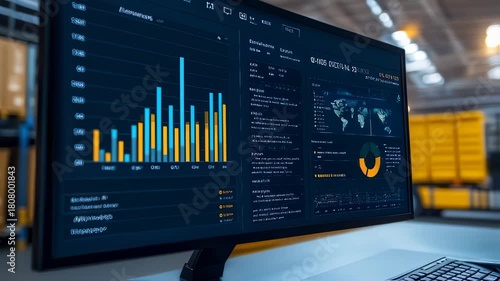 Warehouse Data Analytics: Monitor Screen Displaying Financial Charts and Stock Statistics on a