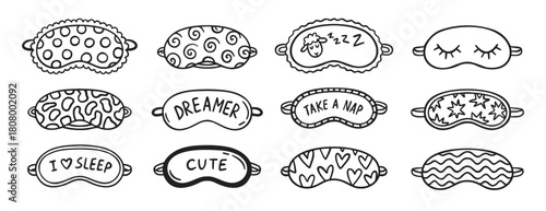 cute sleeping mask doodle hand drawn icon set. Outline drawing line clipart symbol collection