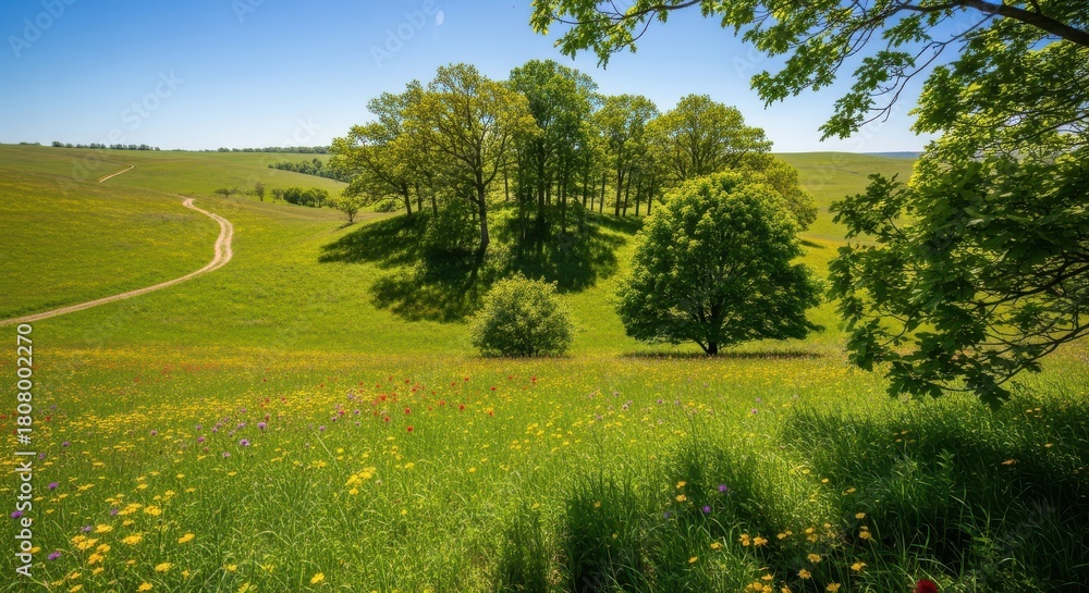 Obraz premium Vibrant summer meadow bursts with colorful wildflowers, a winding path beckons towards rolling green hills and a grove of majestic oak trees under a clear blue sky.
