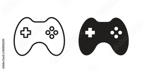 Game controller icon with thin line and flat web symbol on white background