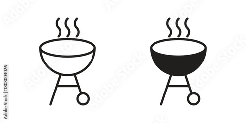 Grill icon with thin line and flat web symbol on white background