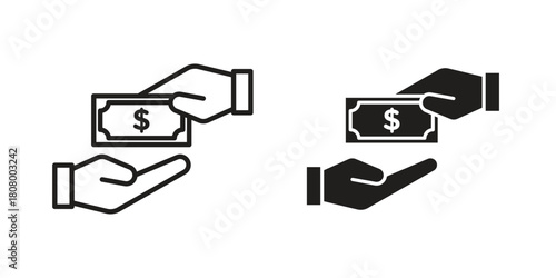 Hand money exchange icon with thin line and flat web symbol on white background