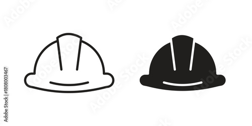 Hard hat icon with thin line and flat web symbol on white background