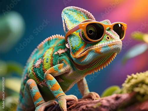 Colorful chameleon in orange sunglasses perched on a branch with soft fantasy lighting and detailed textured scales