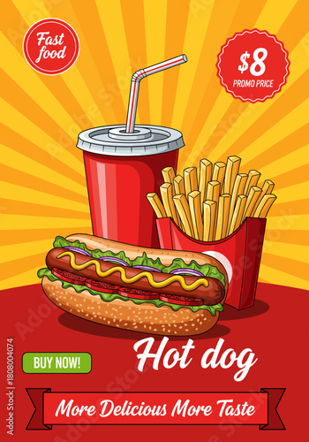 Vibrant Retro Fast Food Meal Illustration Featuring a Hot Dog, Crispy Fries, and Refreshing Soda