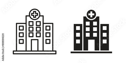 Hospital icon with thin line and flat web symbol on white background