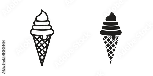 Ice cream cone icon with thin line and flat web symbol on white background