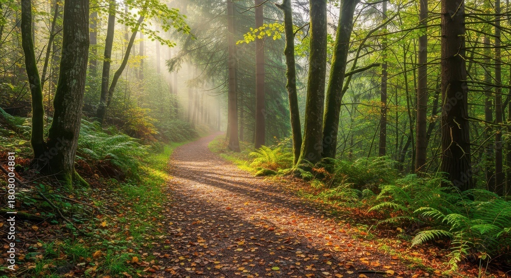 Fototapeta premium Sunlight streams through a misty forest illuminating a winding path covered in autumn leaves, inviting peaceful exploration.
