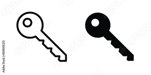 key icon with thin line and flat web symbol on white background