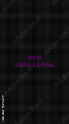 Vertical 8-bit “NEW CHALLENGE” glitch text featuring pixel distortion on a black background, ideal for game-themed vertical videos, prompts, and retro challenge screens.