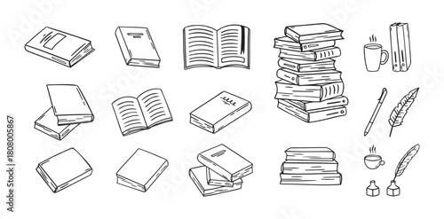 Hand drawn doodle different black outline books. linear style book icons set. Drawing books variations.