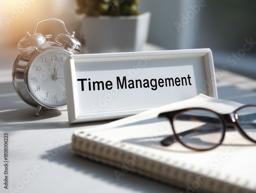 Clock, glasses, and notes on a desk emphasizing the importance of time management in a productive workspace