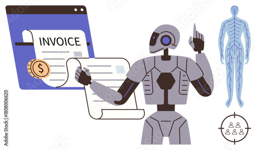 Robot processes digital invoices, evaluates finances, and integrates data with human anatomy and target analytics. Ideal for automation, AI, fintech, healthcare, machine learning, billing simple